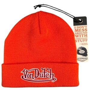 NWT Von Dutch Knit Beanie Hat Cap - Orange w/ Red & White Embroidered Logo